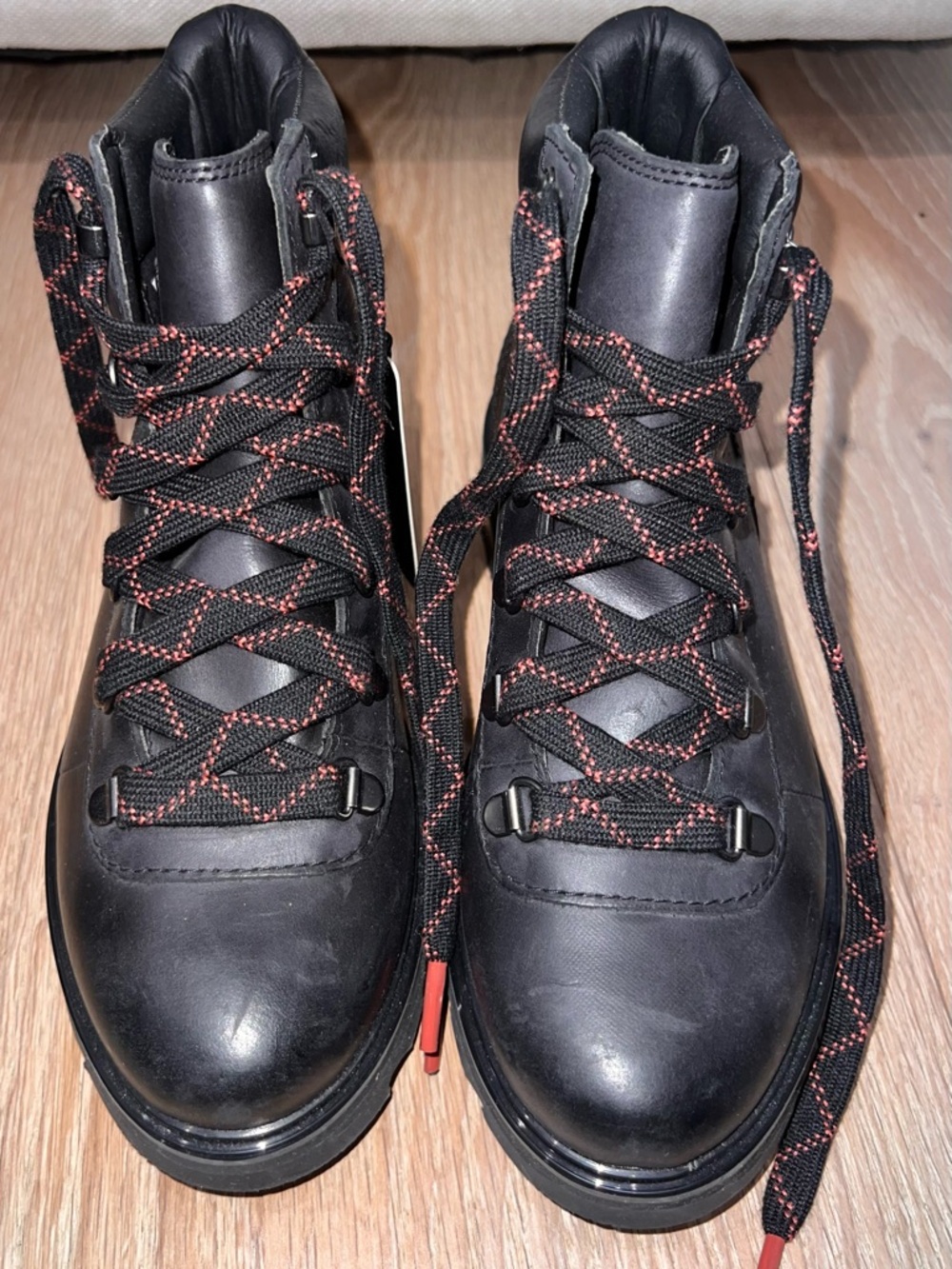Sorel Black Lace-Up Leather Boots with Red-Accent Laces